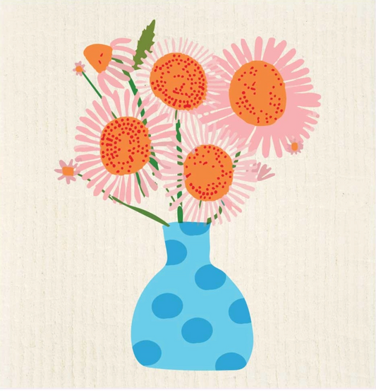 vase with daisies swedish dishcloth