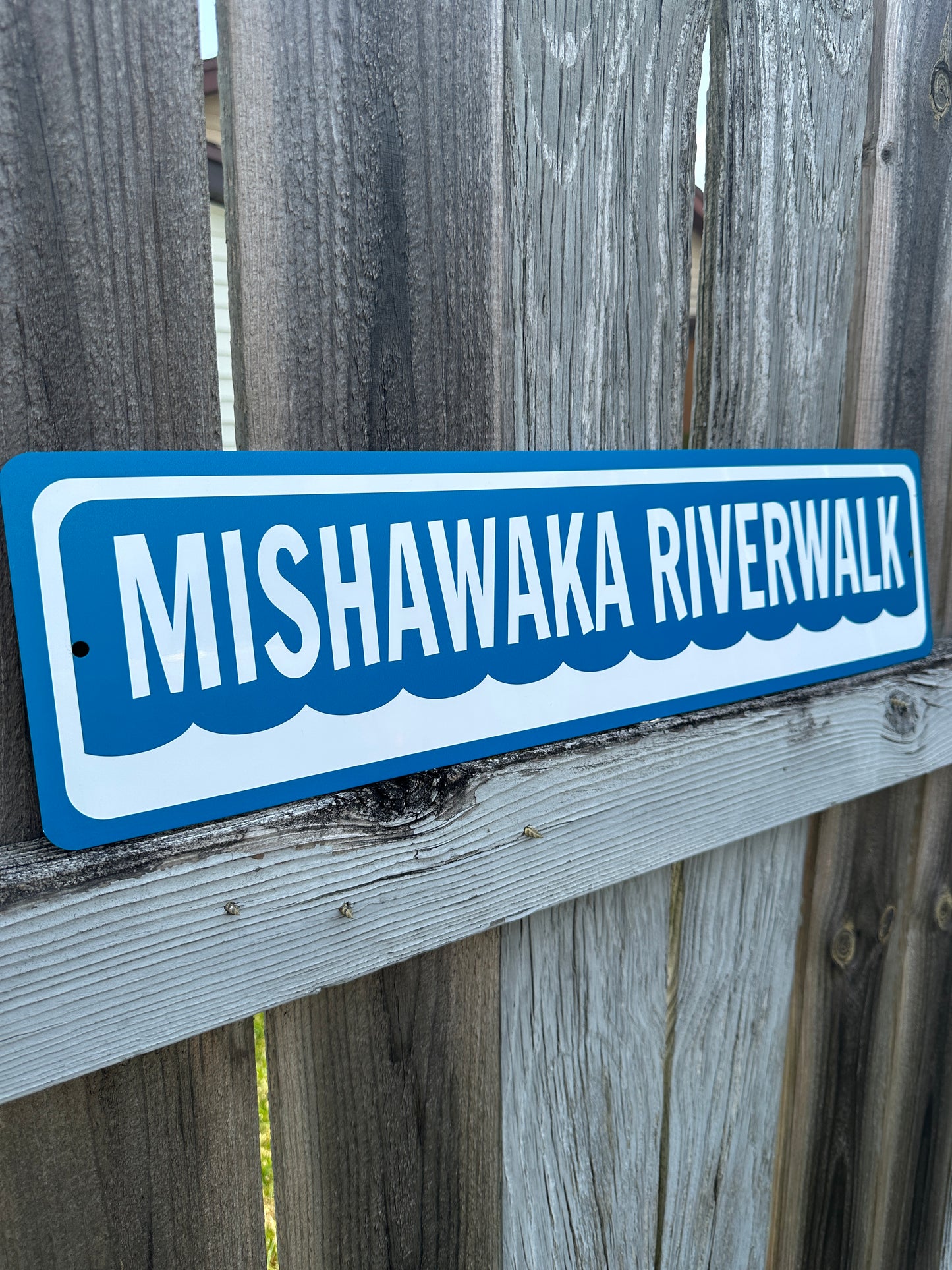mishawaka riverwalk metal sign