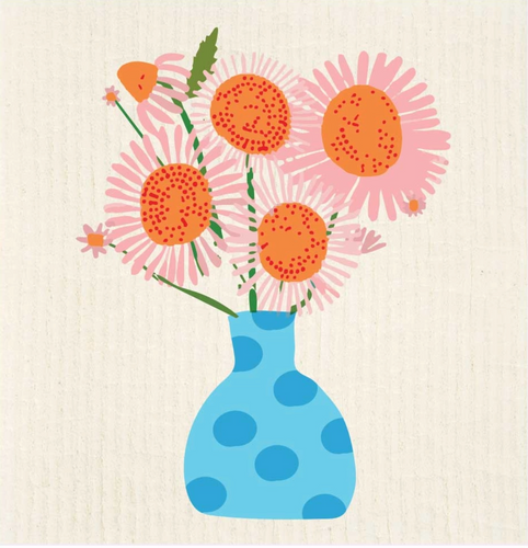 vase with daisies swedish dishcloth